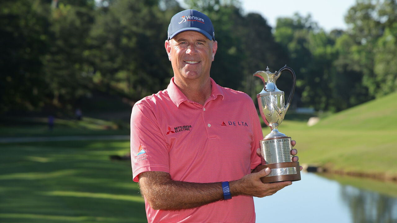 BIRMINGHAM, ALABAMA - MAY 03: Stewart Cink of the United States pose for a photograph with the trophy after winning the Regions Tradition 2026 at Greystone Golf and Country Club on May 03, 2026 in Birmingham, Alabama.