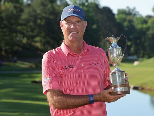 BIRMINGHAM, ALABAMA - MAY 03: Stewart Cink of the United States pose for a photograph with the trophy after winning the Regions Tradition 2026 at Greystone Golf and Country Club on May 03, 2026 in Birmingham, Alabama.