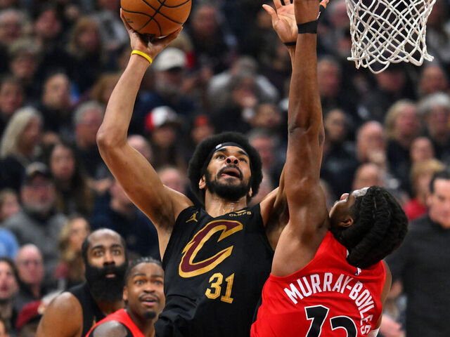 CLEVELAND, OHIO - MAY 03: Jarrett Allen #31 of the Cleveland Cavaliers attempts a shot against Collin Murray-Boyles #12 of the Toronto Raptors during the third quarter in Game Seven of the First Round of the NBA Eastern Conference Playoffs at Rocket Arena on May 03, 2026 in Cleveland, Ohio.