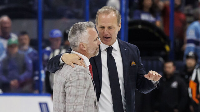 TAMPA, FL - MAY 3: Head coach Jon Cooper of the Tampa Bay Lightning during the handshake line after the series loss to head coach Martin St. Louis and the Montreal Canadiens in Game Seven of the First Round of the 2026 Stanley Cup Playoffs at Benchmark International Arena on May 3, 2026 in Tampa, Florida.