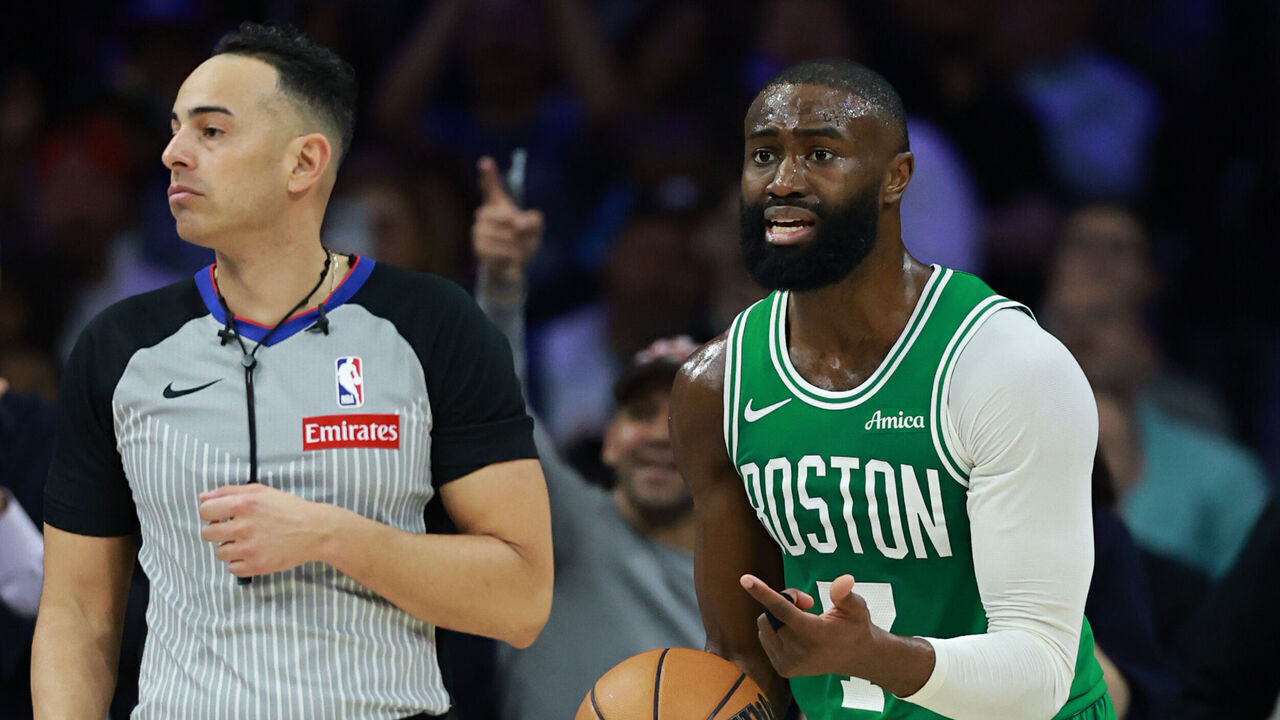 PHILADELPHIA, PENNSYLVANIA - APRIL 30: Jaylen Brown #7 of the Boston Celtics reacts after being called for a foul during the second quarter of a game against the Philadelphia 76ers in Game Six of the First Round of the NBA Eastern Conference Playoffs at Xfinity Mobile Arena on April 30, 2026 in Philadelphia, Pennsylvania.