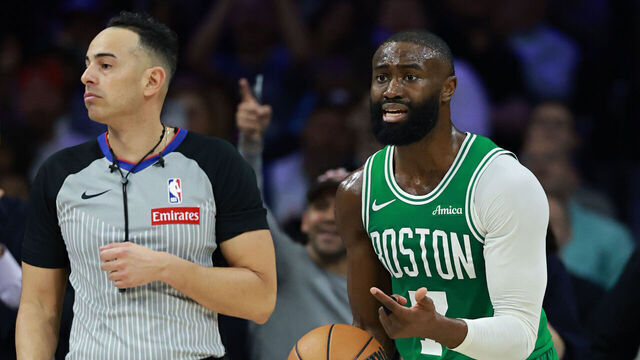 PHILADELPHIA, PENNSYLVANIA - APRIL 30: Jaylen Brown #7 of the Boston Celtics reacts after being called for a foul during the second quarter of a game against the Philadelphia 76ers in Game Six of the First Round of the NBA Eastern Conference Playoffs at Xfinity Mobile Arena on April 30, 2026 in Philadelphia, Pennsylvania.