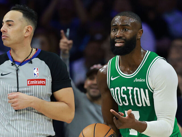 PHILADELPHIA, PENNSYLVANIA - APRIL 30: Jaylen Brown #7 of the Boston Celtics reacts after being called for a foul during the second quarter of a game against the Philadelphia 76ers in Game Six of the First Round of the NBA Eastern Conference Playoffs at Xfinity Mobile Arena on April 30, 2026 in Philadelphia, Pennsylvania.