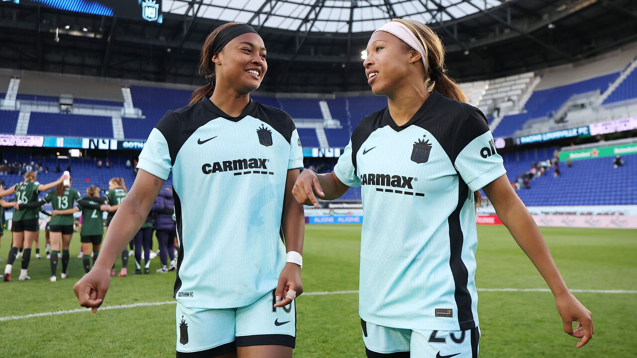 HARRISON, NEW JERSEY - MAY 03: Jaedyn Shaw #10 and Midge Purce #23 of NJ/NY Gotham FC celebrate following the team's victory in during the NWSL match between NJ/NY Gotham FC and Racing Louisville FC at Sports Illustrated Stadium on May 03, 2026 in Harrison, New Jersey.