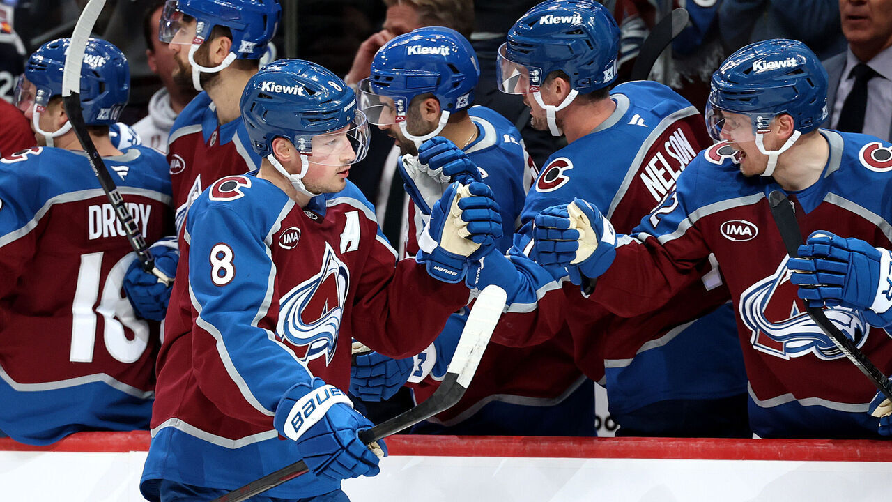 DENVER, COLORADO - MAY 03: Cale Makar #8 of the Colorado Avalanche celebrates a third period goal with teammates against the Minnesota Wild in Game One of the Second Round of the 2026 Stanley Cup Playoffs at Ball Arena on May 03, 2026 in Denver, Colorado.