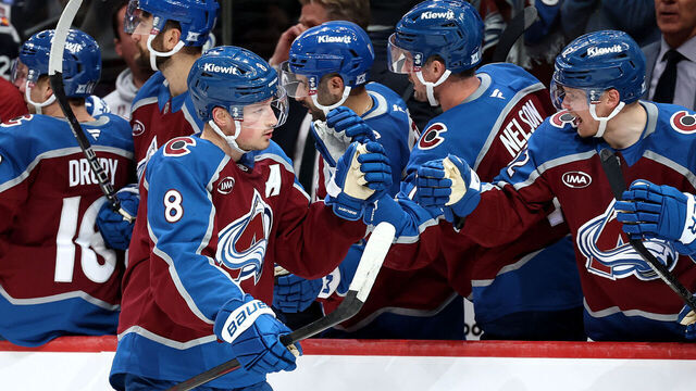 DENVER, COLORADO - MAY 03: Cale Makar #8 of the Colorado Avalanche celebrates a third period goal with teammates against the Minnesota Wild in Game One of the Second Round of the 2026 Stanley Cup Playoffs at Ball Arena on May 03, 2026 in Denver, Colorado.