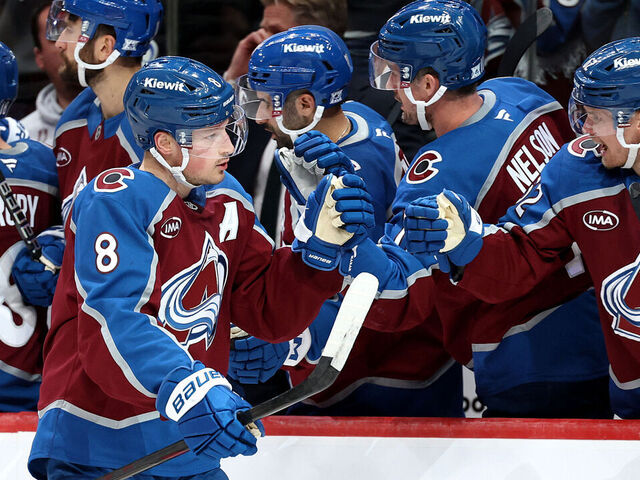 DENVER, COLORADO - MAY 03: Cale Makar #8 of the Colorado Avalanche celebrates a third period goal with teammates against the Minnesota Wild in Game One of the Second Round of the 2026 Stanley Cup Playoffs at Ball Arena on May 03, 2026 in Denver, Colorado.