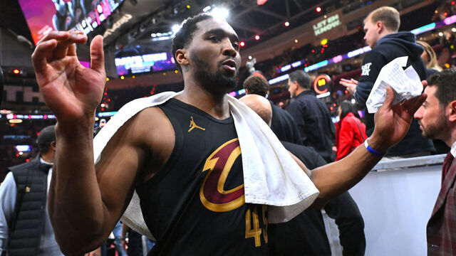 CLEVELAND, OHIO - MAY 03: Donovan Mitchell #45 of the Cleveland Cavaliers reacts after defeating the Toronto Raptors 114-102 in Game Seven of the First Round of the NBA Eastern Conference Playoffs at Rocket Arena on May 03, 2026 in Cleveland, Ohio.