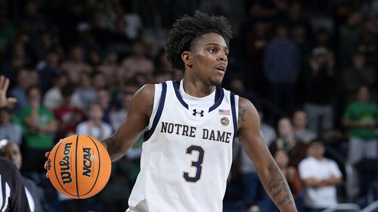 SOUTH BEND, IN - DECEMBER 02: Markus Burton #3 of the Notre Dame Fighting Irish brings the ball up court during a college basketball game against the Missouri Tigers on December 02, 2025 at Purcell Pavilion in South Bend, Indiana.