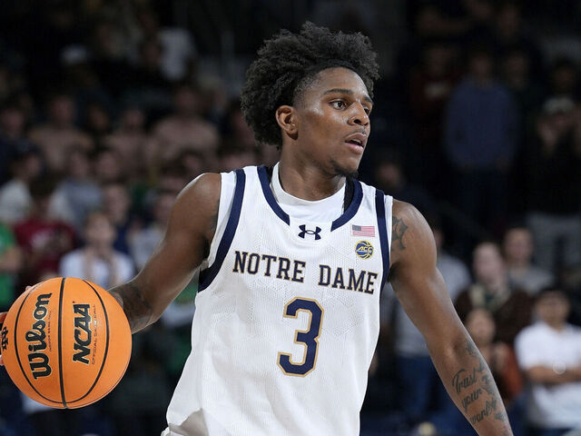 SOUTH BEND, IN - DECEMBER 02: Markus Burton #3 of the Notre Dame Fighting Irish brings the ball up court during a college basketball game against the Missouri Tigers on December 02, 2025 at Purcell Pavilion in South Bend, Indiana.