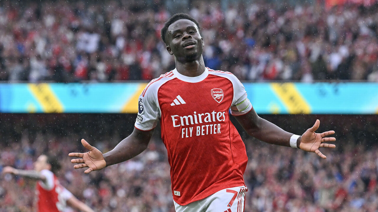 LONDON, ENGLAND - MAY 2: Bukayo Saka of Arsenal celebrates after scoring during the Premier League match between Arsenal and Fulham at Emirates Stadium on May 2, 2026 in London, England.