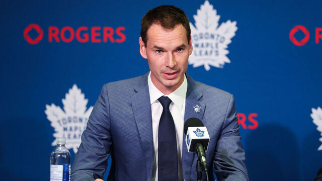 TORONTO, ONTARIO - MAY 4: John Chayka speaks at a press conference where he is introduced as as General Manager of the Toronto Maple Leafs at Real Sports Bar & Grill on May 4, 2026 in Toronto, Ontario, Canada.