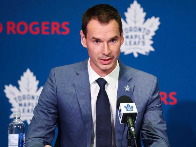 TORONTO, ONTARIO - MAY 4: John Chayka speaks at a press conference where he is introduced as as General Manager of the Toronto Maple Leafs at Real Sports Bar & Grill on May 4, 2026 in Toronto, Ontario, Canada.