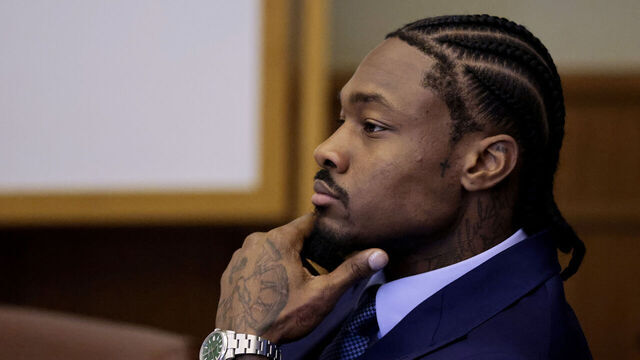 Dedham, MA - May 4: Stefon Diggs sits at the defense table before the start of jury selection in his assault trial in Dedham District Court on May 4, 2026.
