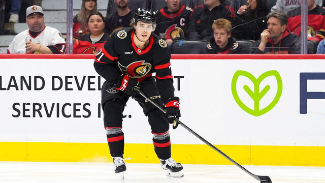 OTTAWA, CANADA - APRIL 23: Ridly Greig #71 of the Ottawa Senators skates against the Carolina Hurricanes in Game Three of the First Round of the 2026 Stanley Cup Playoffs at Canadian Tire Centre on April 23, 2026 in Ottawa, Canada.