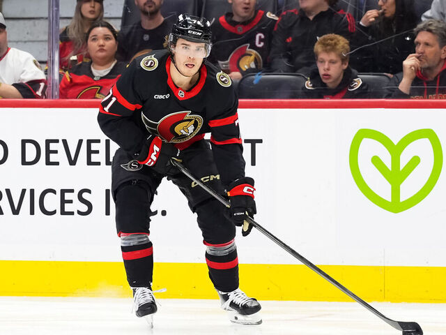 OTTAWA, CANADA - APRIL 23: Ridly Greig #71 of the Ottawa Senators skates against the Carolina Hurricanes in Game Three of the First Round of the 2026 Stanley Cup Playoffs at Canadian Tire Centre on April 23, 2026 in Ottawa, Canada.