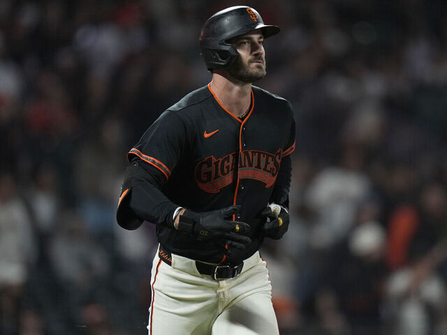 SAN FRANCISCO, CALIFORNIA - MARCH 23: Bryce Eldridge #8 of the San Francisco Giants hits a home run during the game at Oracle Park on March 23, 2026 in San Francisco, California.