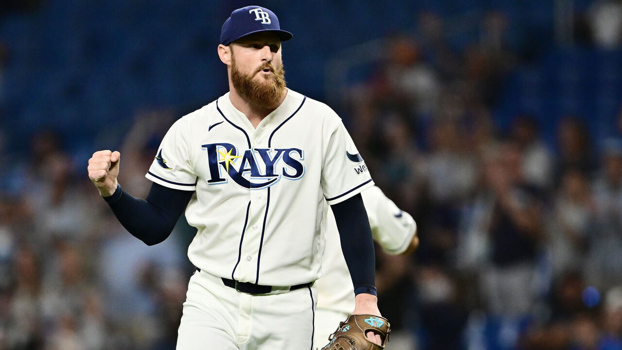 ST PETERSBURG, FLORIDA - MAY 04: Bryan Baker #47 of the Tampa Bay Rays reacts after defeating the Toronto Blue Jays 5-1 at Tropicana Field on May 04, 2026 in St Petersburg, Florida.