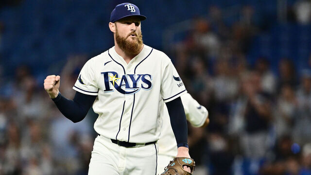 ST PETERSBURG, FLORIDA - MAY 04: Bryan Baker #47 of the Tampa Bay Rays reacts after defeating the Toronto Blue Jays 5-1 at Tropicana Field on May 04, 2026 in St Petersburg, Florida.