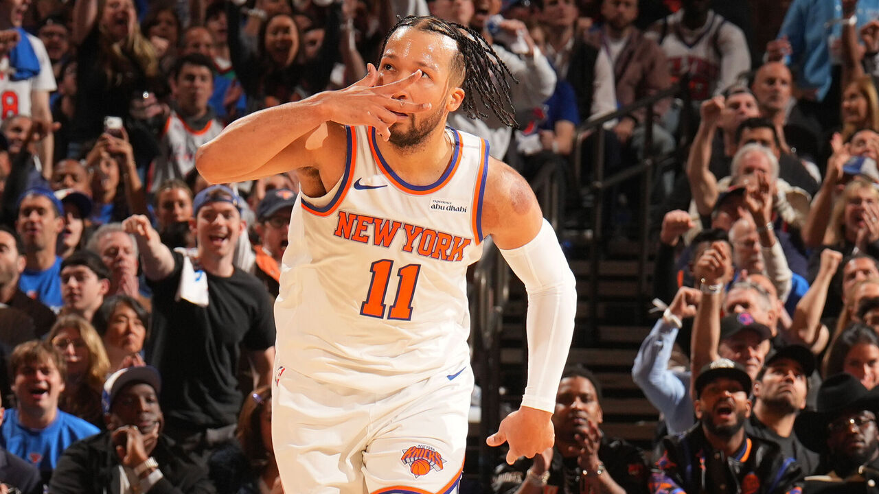 NEW YORK, NY - MAY 4: Jalen Brunson #11 of the New York Knicks celebrates during the game against the Philadelphia 76ers during Round Two Game One on May 4, 2026 at Madison Square Garden in New York City, New York. Mandatory Copyright Notice: Copyright 2026 NBAE