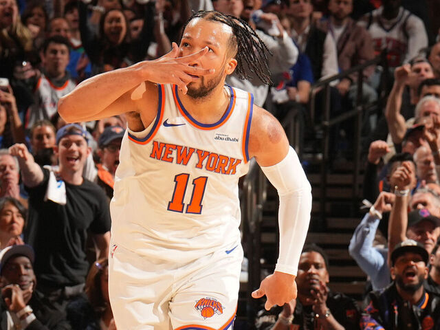 NEW YORK, NY - MAY 4: Jalen Brunson #11 of the New York Knicks celebrates during the game against the Philadelphia 76ers during Round Two Game One on May 4, 2026 at Madison Square Garden in New York City, New York. Mandatory Copyright Notice: Copyright 2026 NBAE