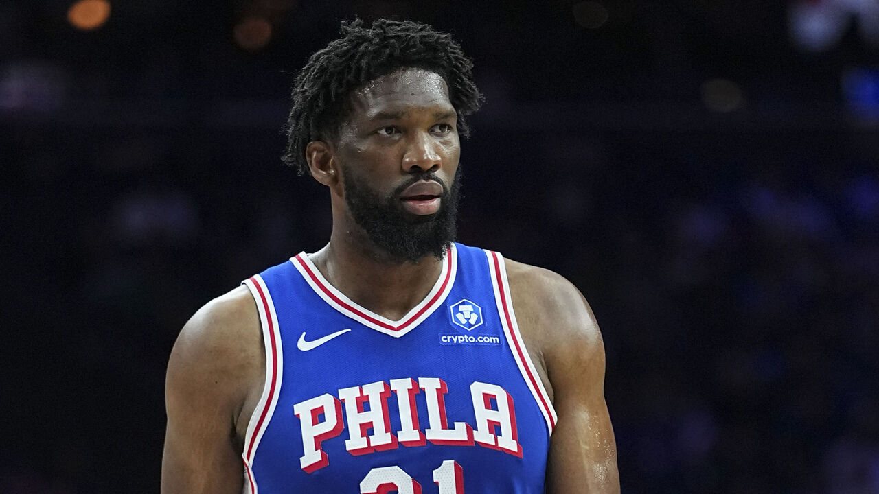 PHILADELPHIA, PENNSYLVANIA - MARCH 25: Joel Embiid #21 of the Philadelphia 76ers looks on against the Chicago Bulls at Xfinity Mobile Arena on March 25, 2026 in Philadelphia, Pennsylvania.