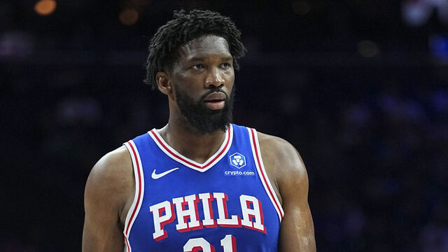 PHILADELPHIA, PENNSYLVANIA - MARCH 25: Joel Embiid #21 of the Philadelphia 76ers looks on against the Chicago Bulls at Xfinity Mobile Arena on March 25, 2026 in Philadelphia, Pennsylvania.