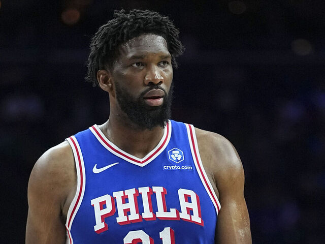 PHILADELPHIA, PENNSYLVANIA - MARCH 25: Joel Embiid #21 of the Philadelphia 76ers looks on against the Chicago Bulls at Xfinity Mobile Arena on March 25, 2026 in Philadelphia, Pennsylvania.