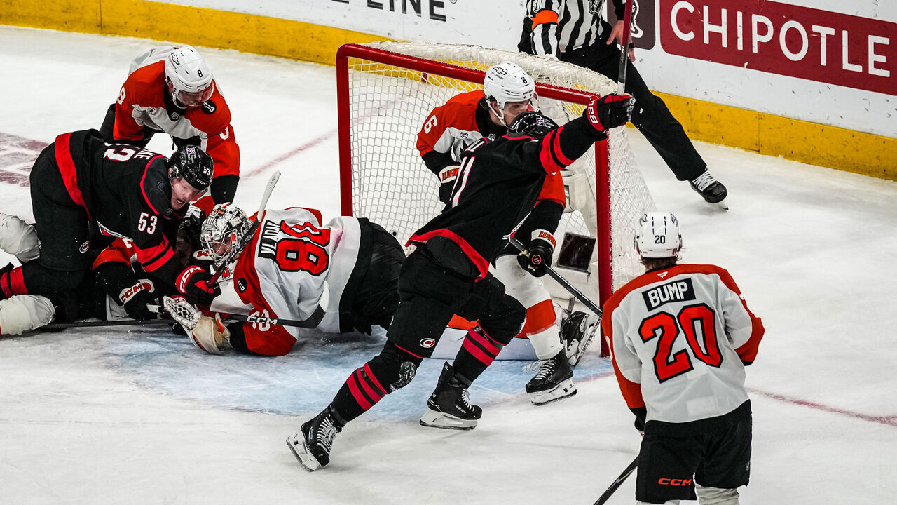 RALEIGH, NORTH CAROLINA - MAY 04: Taylor Hall #71 of the Carolina Hurricanes celebrates after scoring the game-winning goal in overtime to defeat the Philadelphia Flyers in Game Two of the Second Round of the 2026 Stanley Cup Playoffs at Lenovo Center on May 04, 2026 in Raleigh, North Carolina.