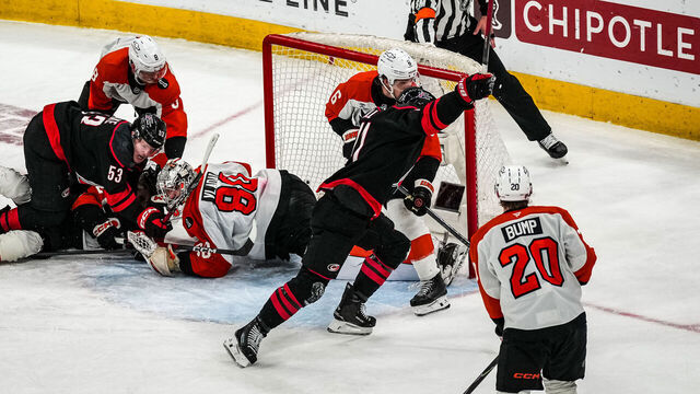 RALEIGH, NORTH CAROLINA - MAY 04: Taylor Hall #71 of the Carolina Hurricanes celebrates after scoring the game-winning goal in overtime to defeat the Philadelphia Flyers in Game Two of the Second Round of the 2026 Stanley Cup Playoffs at Lenovo Center on May 04, 2026 in Raleigh, North Carolina.