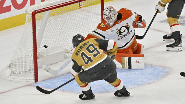 LAS VEGAS, NEVADA - MAY 04: Ivan Barbashev #49 of the Vegas Golden Knights scores a goal against Lukas Dostal #1 of the Anaheim Ducks in Game One of the Second Round of the 2026 Stanley Cup Playoffs at T-Mobile Arena on May 04, 2026 in Las Vegas, Nevada.