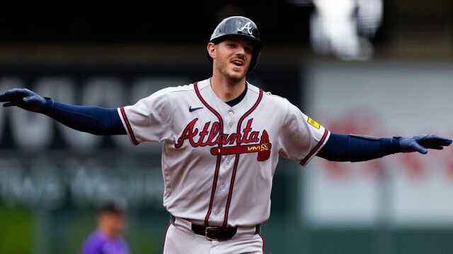 DENVER, CO - MAY 03: Jonah Heim #20 of the Atlanta Braves celebrates while rounding the bases after hitting a two-run home run in the second inning during the game between the Atlanta Braves and the Colorado Rockies at Coors Field on Sunday, May 3, 2026 in Denver, Colorado.