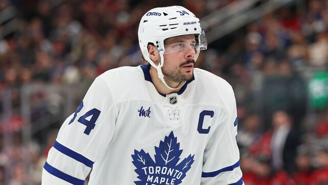 NEWARK, NJ - MARCH 04: Auston Matthews #34 of the Toronto Maple Leafs looks on during a game between the Toronto Maple Leafs and New Jersey Devils at Prudential Center on March 4, 2026 in Newark, New Jersey.