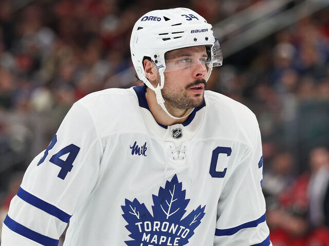 NEWARK, NJ - MARCH 04: Auston Matthews #34 of the Toronto Maple Leafs looks on during a game between the Toronto Maple Leafs and New Jersey Devils at Prudential Center on March 4, 2026 in Newark, New Jersey.