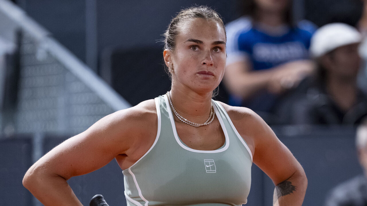 MADRID, SPAIN - APRIL 28: Aryna Sabalenka reacts against Hailey Baptiste of the United States during the Women's Singles quarter-final match on day nine during the Mutua Madrid Open 2026 tournament celebrated at La Caja Magica on April 28, 2026 in Madrid, Spain.