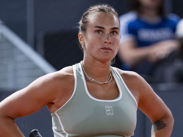 MADRID, SPAIN - APRIL 28: Aryna Sabalenka reacts against Hailey Baptiste of the United States during the Women's Singles quarter-final match on day nine during the Mutua Madrid Open 2026 tournament celebrated at La Caja Magica on April 28, 2026 in Madrid, Spain.