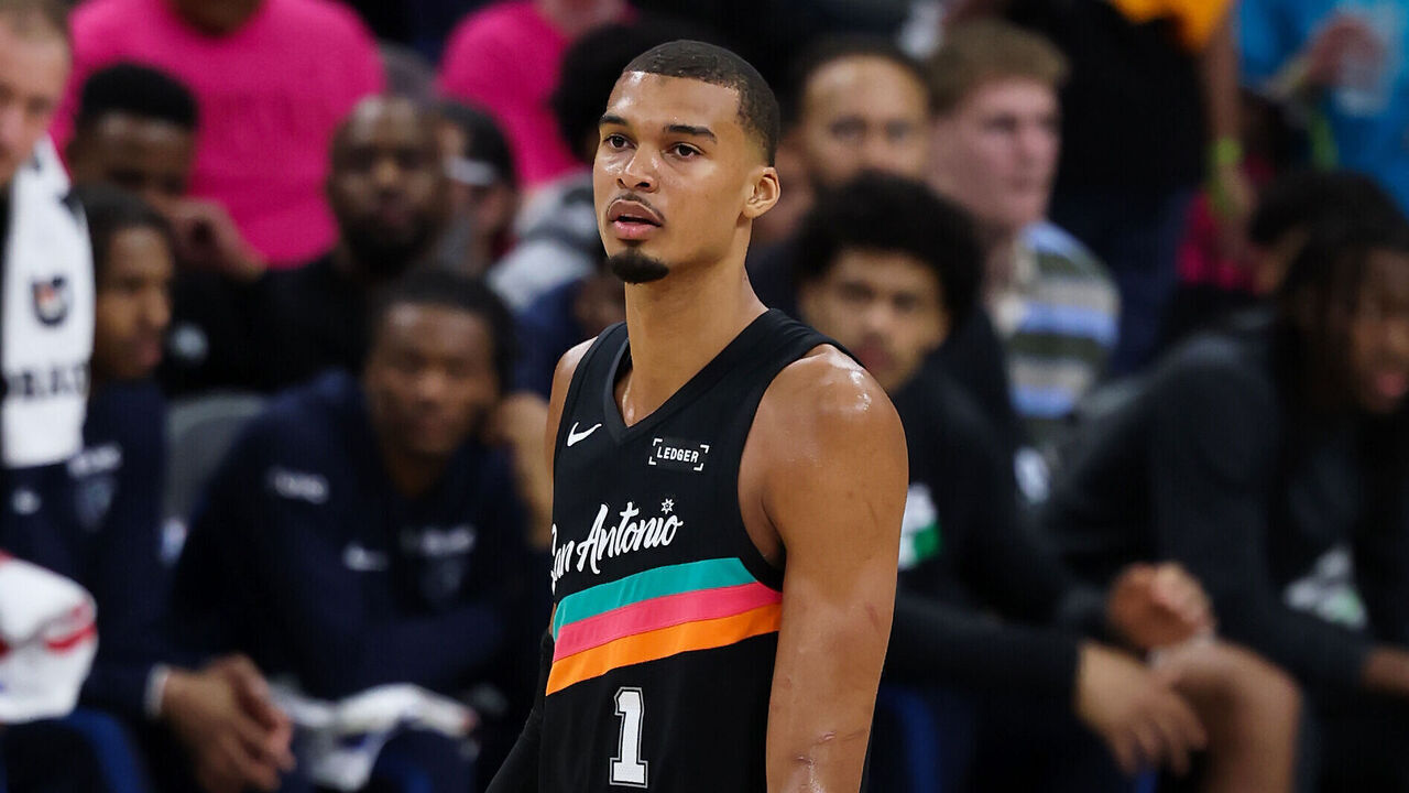 SAN ANTONIO, TX - MAY 4: Victor Wembanyama #1 of the San Antonio Spurs and Rudy Gobert #27 of the Minnesota Timberwolves look on during the game during Round Two Game One on May 4, 2026 at the Frost Bank Center in San Antonio, Texas. Mandatory Copyright Notice: Copyright 2026 NBAE (Photos by David Sherman/NBAE via Getty Images)