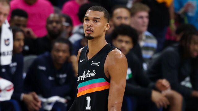 SAN ANTONIO, TX - MAY 4: Victor Wembanyama #1 of the San Antonio Spurs and Rudy Gobert #27 of the Minnesota Timberwolves look on during the game during Round Two Game One on May 4, 2026 at the Frost Bank Center in San Antonio, Texas. Mandatory Copyright Notice: Copyright 2026 NBAE (Photos by David Sherman/NBAE via Getty Images)