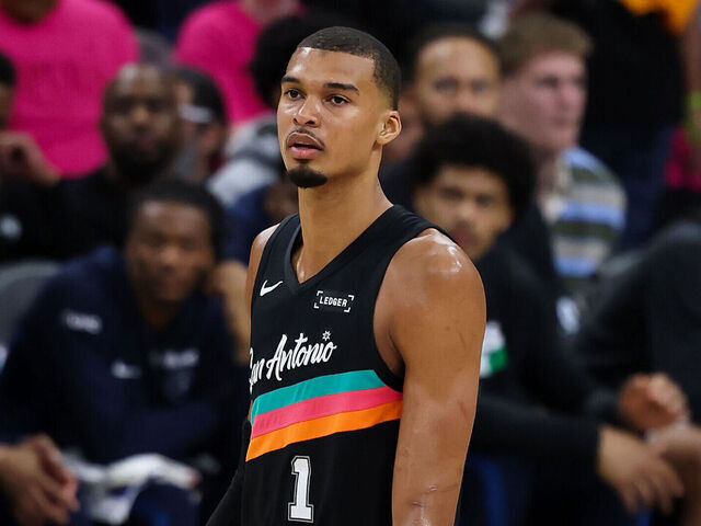 SAN ANTONIO, TX - MAY 4: Victor Wembanyama #1 of the San Antonio Spurs and Rudy Gobert #27 of the Minnesota Timberwolves look on during the game during Round Two Game One on May 4, 2026 at the Frost Bank Center in San Antonio, Texas. Mandatory Copyright Notice: Copyright 2026 NBAE (Photos by David Sherman/NBAE via Getty Images)