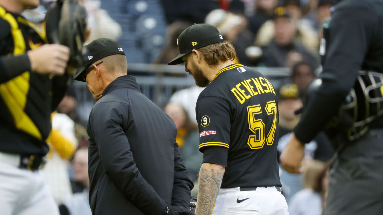 PITTSBURGH, PA - MAY 2: Chris Devenski #57 of the Pittsburgh Pirates is ejected from the game in the seventh inning against the Cincinnati Reds at PNC Park on May 2, 2026 in Pittsburgh, Pennsylvania.