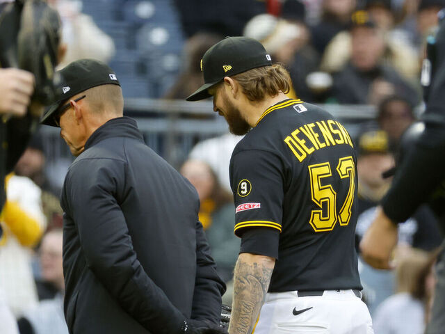 PITTSBURGH, PA - MAY 2: Chris Devenski #57 of the Pittsburgh Pirates is ejected from the game in the seventh inning against the Cincinnati Reds at PNC Park on May 2, 2026 in Pittsburgh, Pennsylvania.