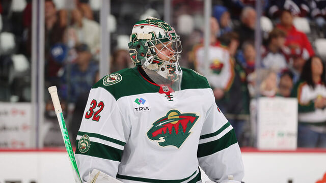 DENVER, COLORADO - MAY 03: Goaltender Filip Gustavsson #32 of the Minnesota Wild skates prior to the game against the Colorado Avalanche in Game One of the Second Round of the 2026 Stanley Cup Playoffs at Ball Arena on May 03, 2026 in Denver, Colorado.