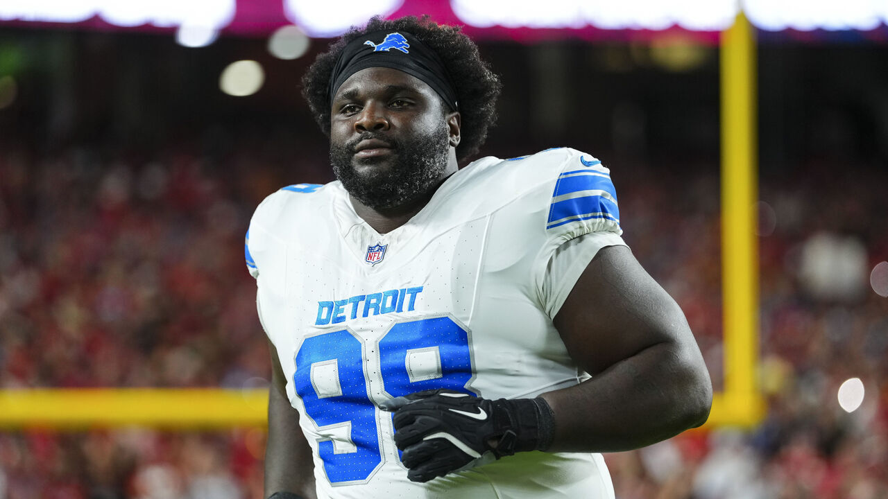 KANSAS CITY, MO - OCTOBER 12: DJ Reader #98 of the Detroit Lions runs out of the tunnel prior to an NFL football game against the Kansas City Chiefs at GEHA Field at Arrowhead Stadium on October 12, 2025 in Kansas City, Missouri.