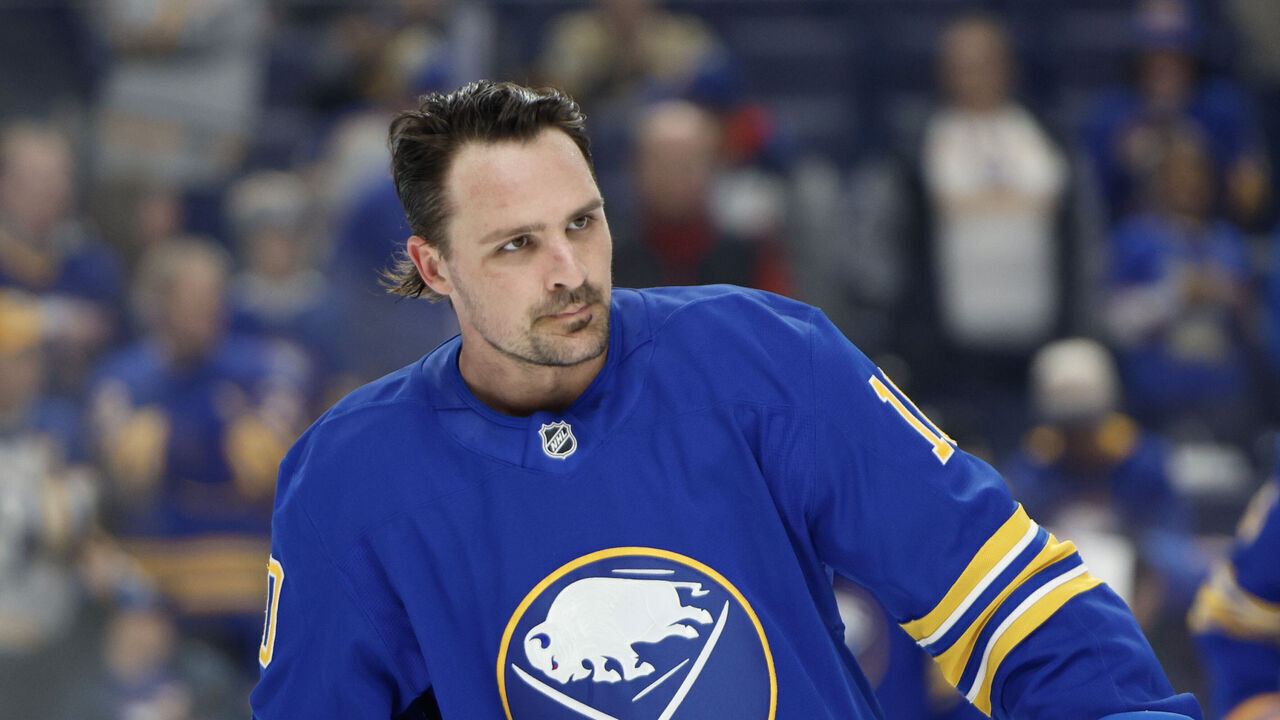 BUFFALO, NEW YORK - MARCH 31: Sam Carrick #10 of the Buffalo Sabres looks on before the game against the New York Islanders at KeyBank Center on March 31, 2026 in Buffalo, New York.