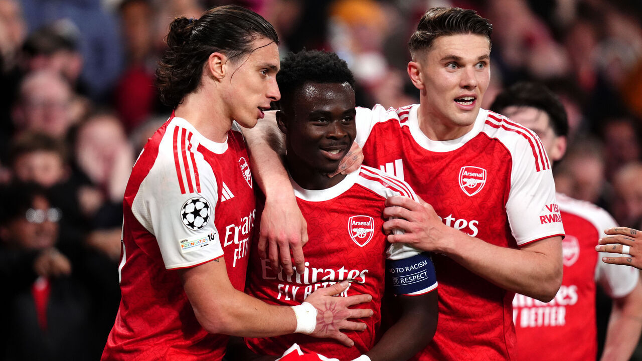 Arsenal's Bukayo Saka (centre) celebrates scoring their side's first goal of the game during the UEFA Champions League semi-final second leg match at the Emirates Stadium, London. Picture date: Tuesday May 5, 2026.