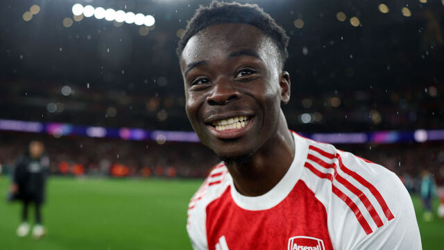 LONDON, ENGLAND - MAY 05: Bukayo Saka of Arsenal celebrates progressing to the final of the UEFA Champions League 2025/26 after the team's victory in the UEFA Champions League 2025/26 Semi Final Second Leg match between Arsenal FC and Atletico de Madrid at Arsenal Stadium on May 05, 2026 in London, England.