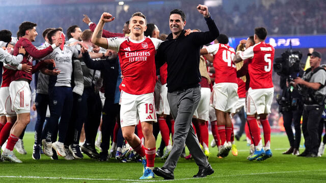 Arsenal's Leandro Trossard and manager Mikel Arteta celebrate following the UEFA Champions League semi-final second leg match at the Emirates Stadium, London. Picture date: Tuesday May 5, 2026.