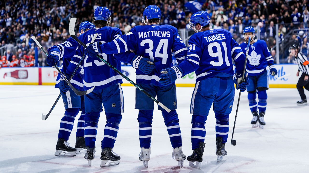 TORONTO, CANADA - MARCH 12: Auston Matthews #34 of the Toronto Maple Leafs celebrates after scoring a goal against the Anaheim Ducks with teammates Matthew Knies #23 and John Tavares #91 during the second period at the Scotiabank Arena on March 12, 2026 in Toronto, Ontario, Canada.