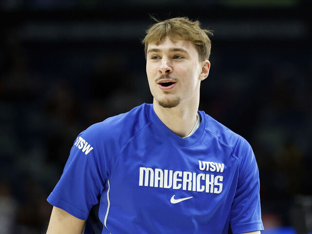 NEW ORLEANS, LOUISIANA - MARCH 16: Cooper Flagg #32 of the Dallas Mavericks warms up prior to a game against the New Orleans Pelicans at Smoothie King Center on March 16, 2026 in New Orleans, Louisiana.