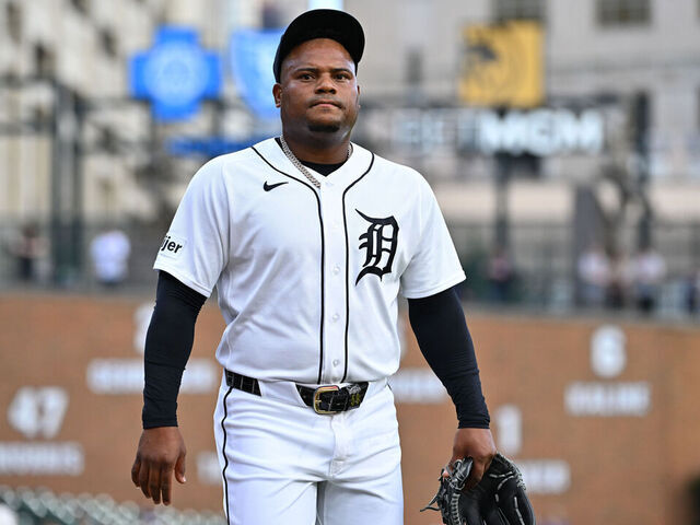 DETROIT, MI - APRIL 14: Detroit Tigers starting pitcher Framber Valdez (59) walks in from the bullpen prior to the game between the Detroit Tigers versus the Kansas City Royals on Tuesday April 14, 2026 at Comerica Park in Detroit, MI.